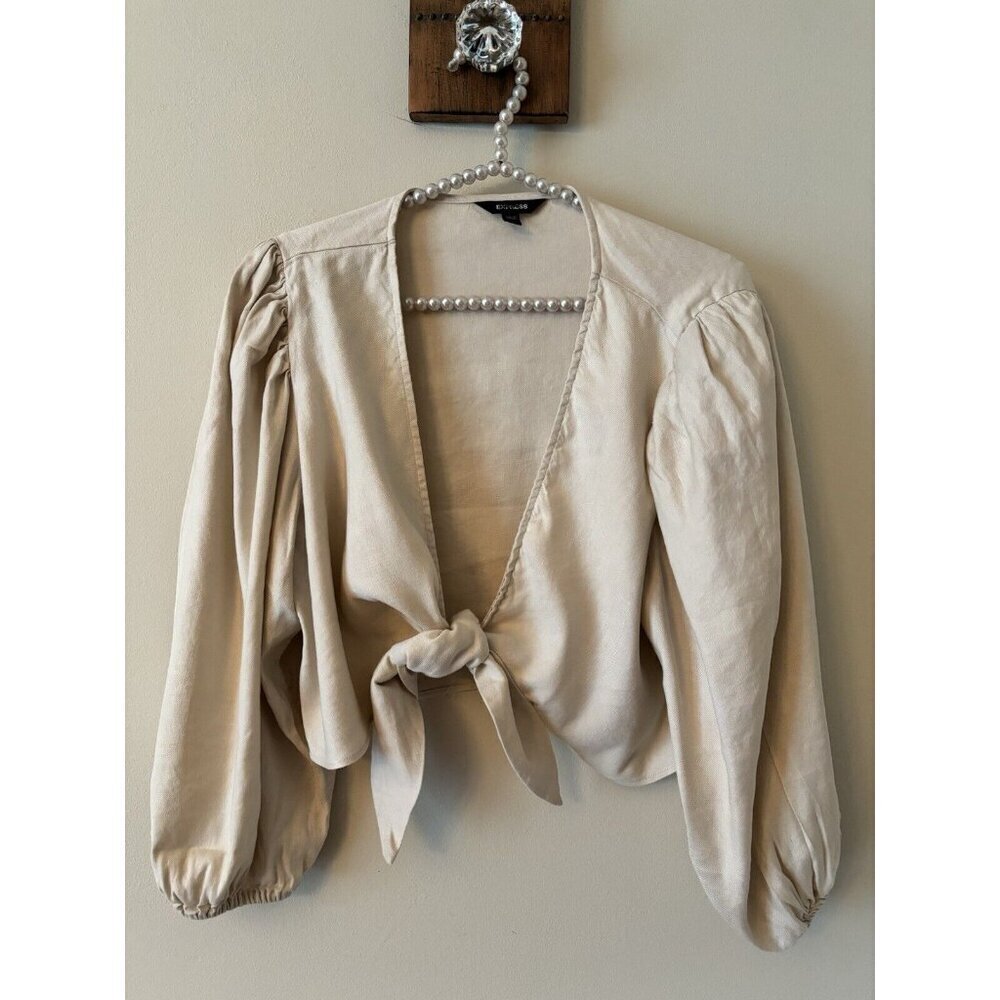 Cottagecore balloon sleeve Express Cream Tie-Front Blouse